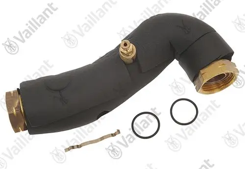 Vaillant Rohr mit gebogenem Verlauf und zwei O-Ringen, geeignet für Pumpeninstallation. Sichtbare Metallanschlüsse und Dichtungselemente.